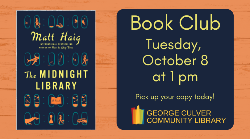 Background Orange wood. Image of the Midnight Library by Matt Haig. Text: Book Club Tuesday, October 8 at 1 pm. Pick up your copy today!