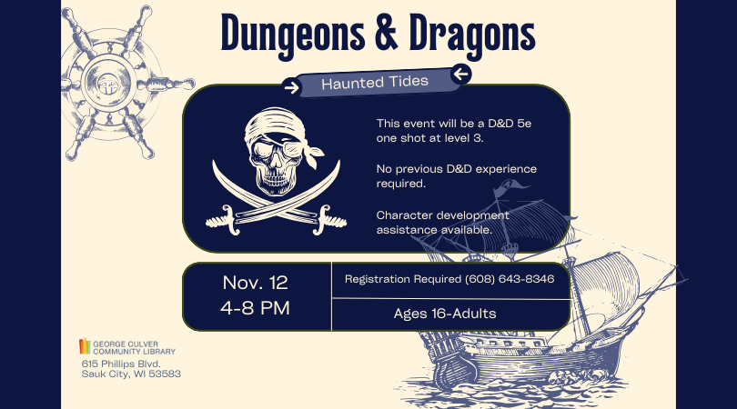 Background cream. Images: Skull and crossed swords, ships wheel and a ship under sail. Dark blue text boxes. Text: Dungeons & Dragons Haunted Tides