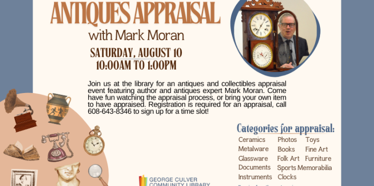 Antiques Appraisal with Mark Moran. White background blue edges. Images of a phonograph, Greek vase, pocket watch, magnifying glass, broken bust, old photograph and old book. 