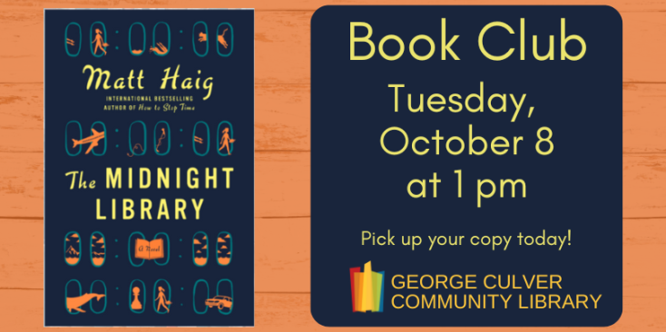 Background Orange wood. Image of the Midnight Library by Matt Haig. Text: Book Club Tuesday, October 8 at 1 pm. Pick up your copy today!