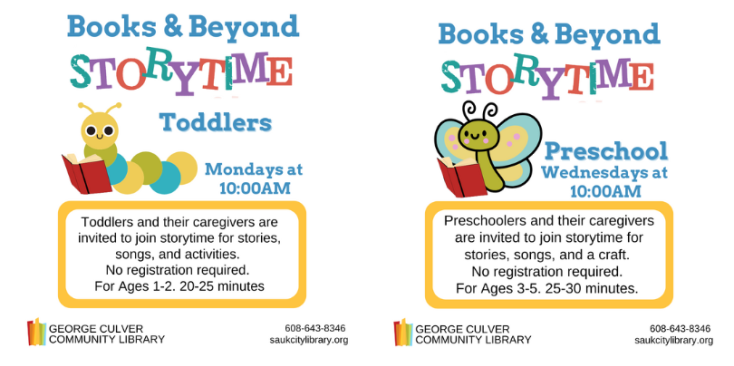 Images: A yellow, green and blue caterpiller reading a red book. A green, yellow and blue butterfly reading a read book. Text: Books & Beyond Storytime Toddler and Preschoolers