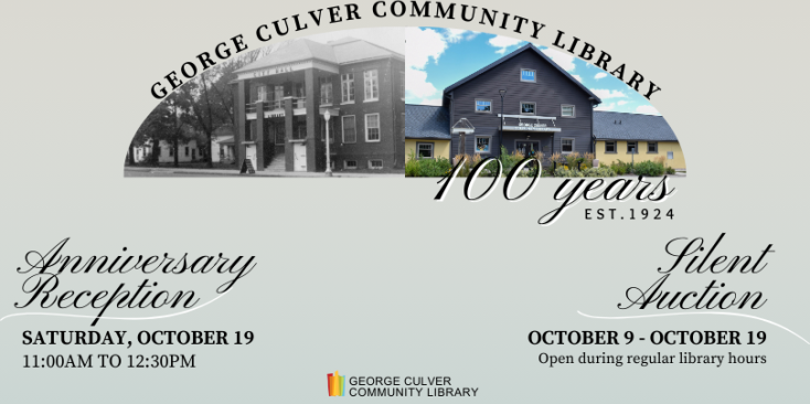 Background: gray. Image of the first library in City Hall, next to image of today's library. Text: Anniversary Reception Saturday, October 19 11:00AM to 12:30PM Silent Auction October 9-19 Open during regular library hours