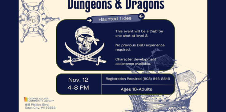 Background cream. Images: Skull and crossed swords, ships wheel and a ship under sail. Dark blue text boxes. Text: Dungeons & Dragons Haunted Tides