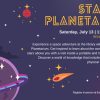 Image nigt sky with clouds, stars, 2 meteors and a ringed planet. Text Starlab Planetarium Saturday, July 13 11:30am-1:00pm Experience a Space Adventure at the library with the Starlab Portable Planetarium. Get inspired to learn about the world around you and the stars above you with a visit inside a portable and immersive planetarium. Discover a world of knowledge that includes astronomy, geology, physical geography, and more!