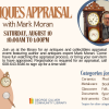 Antiques Appraisal with Mark Moran. White background blue edges. Images of a phonograph, Greek vase, pocket watch, magnifying glass, broken bust, old photograph and old book. 